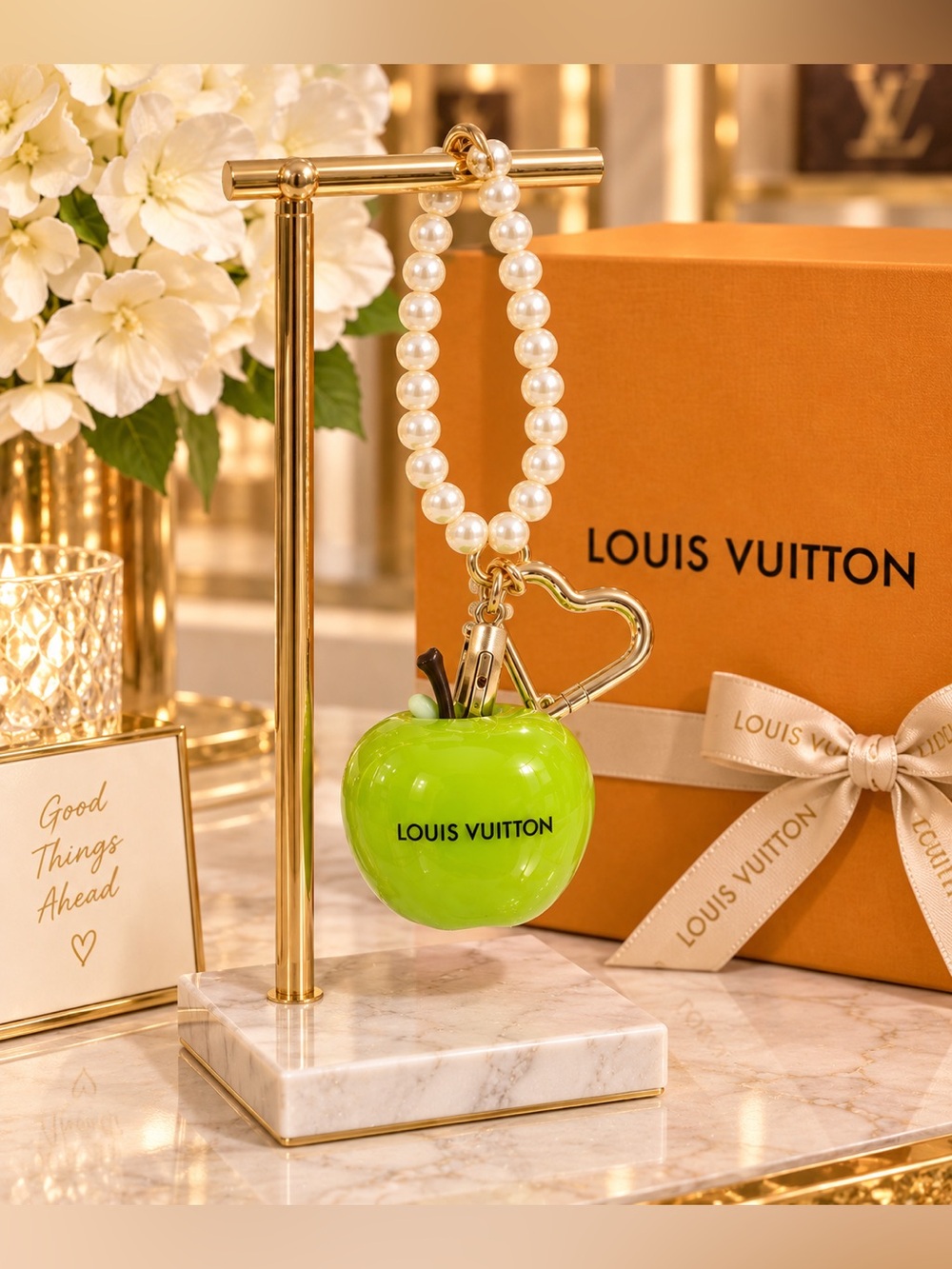 Green Apple Charm Keychain with Pearl Loop
